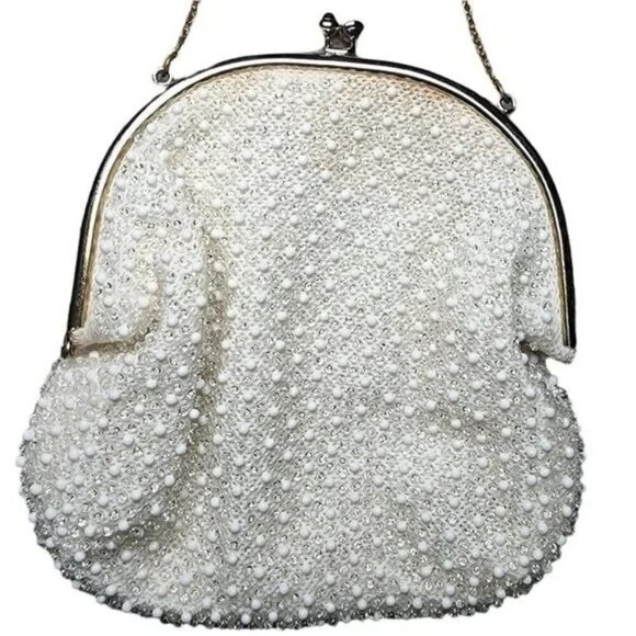 Vintage Handbag White Beaded Clamshell Purse Chain Strap Sequin Small 50's - Picture 4 of 6